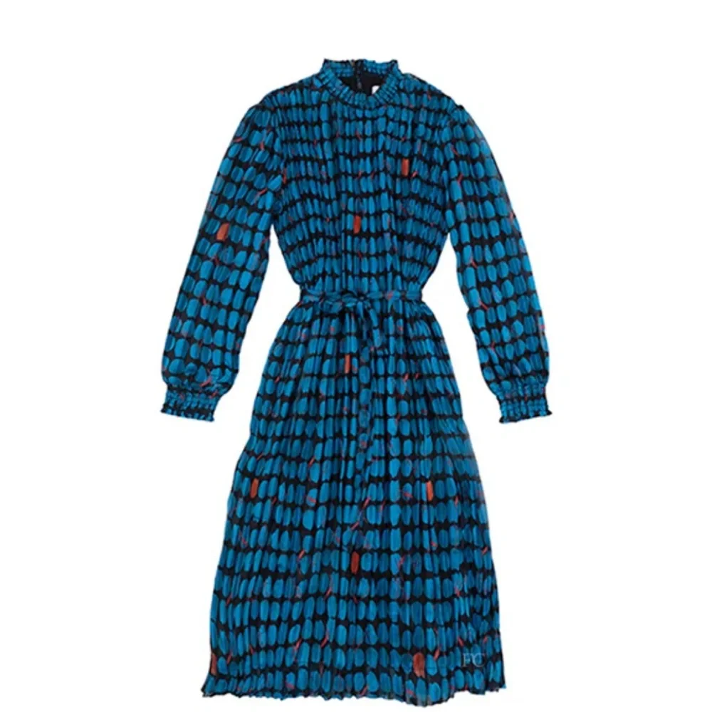 Porter Teen Girls Pleated Oval Print Dress Sz 22 Blue Belted Lined Juniors